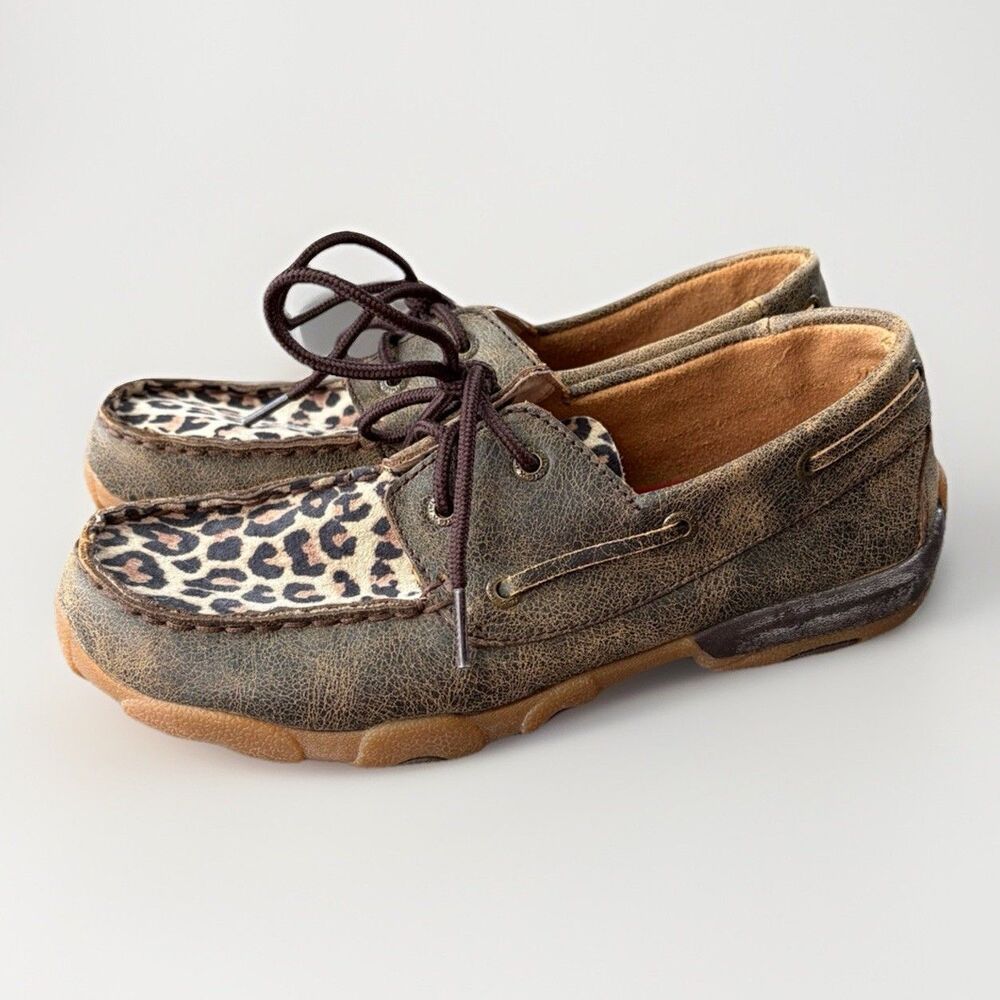 Twisted X Kid's YDM0028 Driving Mocs Leopard Print Brown Leather Boat Shoes Sz 6